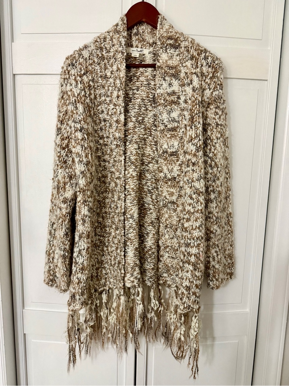 Simply Noelle Marled Fringe Open-Front Cardigan in Beige and Cream